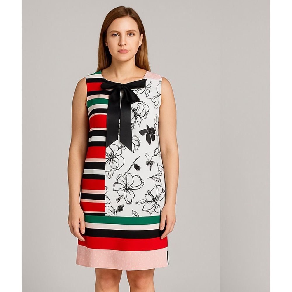 NEW SLNY floral print tie neck color block sleeveless‎ dress, 18W